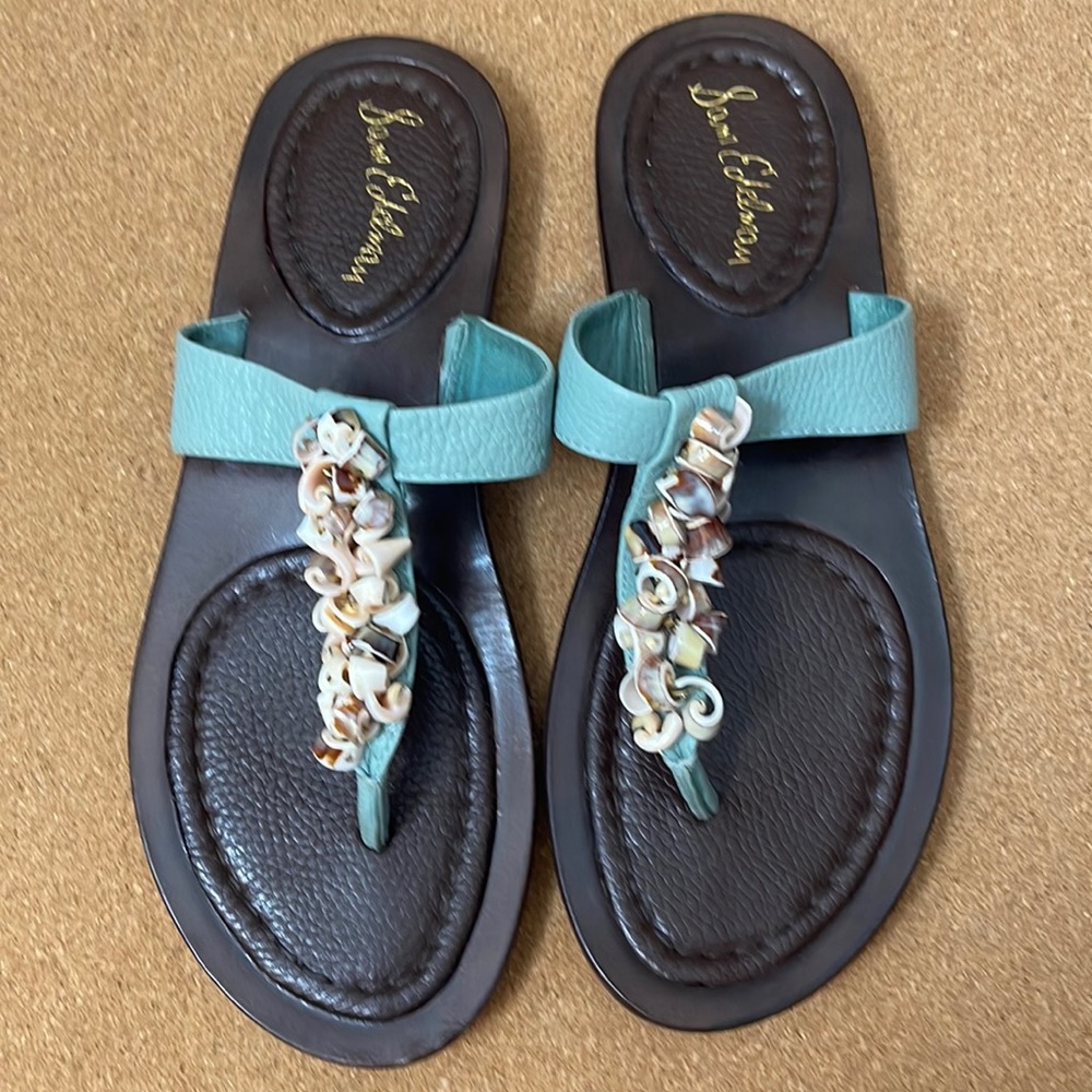 Sam Edelman Teal and Brown Shell-Embellished Leather Thong Sandals
